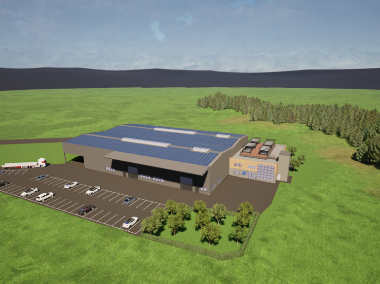 3D Modell der Zuber Produktionshalle mit angrenzendem Parkplatz